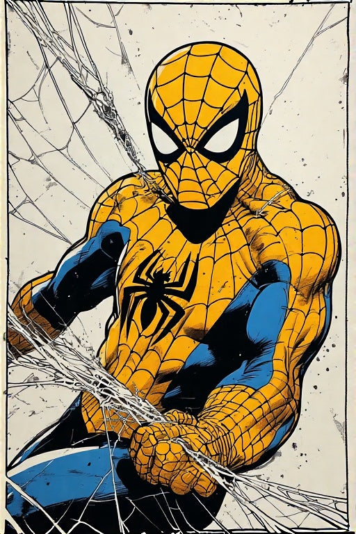 Spider-Man character in a web-slinging pose with a vintage style.