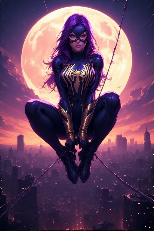 Superheroine in a dark suit with spider emblem against a cityscape and full moon