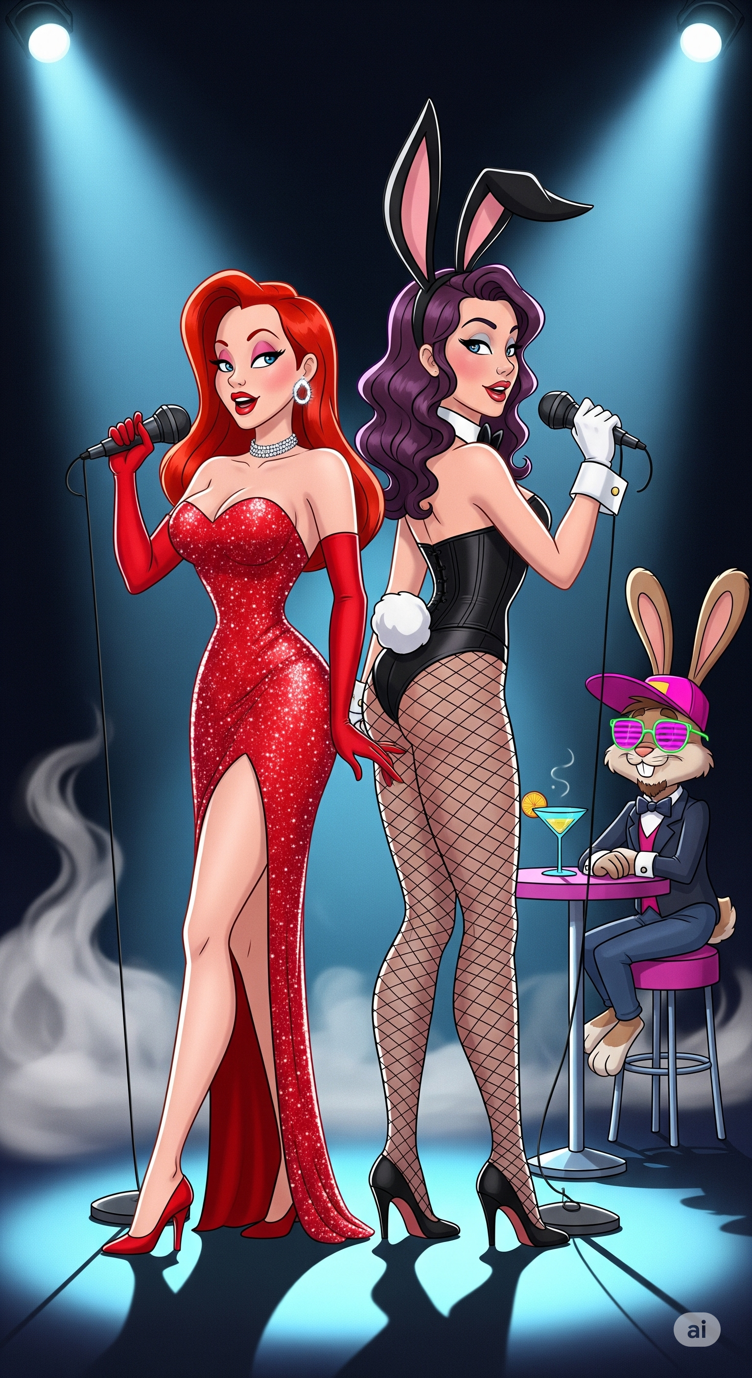 Cartoon characters on a stage with microphones, one in a red dress and the other in a black outfit with bunny ears.