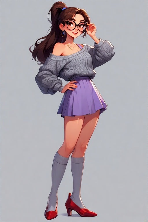 Character in a gray sweater and purple skirt with knee-high socks and red shoes on a plain background
