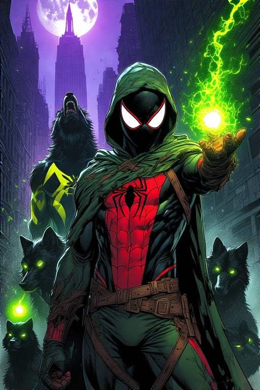 Character in a green hooded outfit with spider emblem, surrounded by wolves and glowing green energy in an urban night setting.