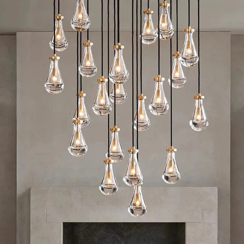 New Copper LED Pendant Light, Modern Lobby Waterdrop Glass Light, Home Decoration, Hotel Villa Glossy Staircase Ceiling Lamps