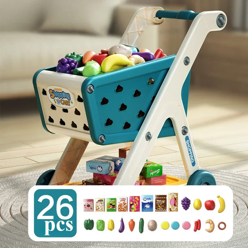 26pcs Kids Shopping Cart Playing House Role-Playing Games Supermarket Playset Accessories for Toddler Aged Children's Toys