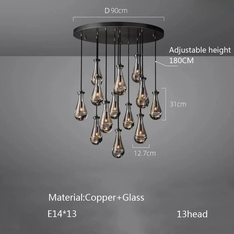 New Copper LED Pendant Light, Modern Lobby Waterdrop Glass Light, Home Decoration, Hotel Villa Glossy Staircase Ceiling Lamps