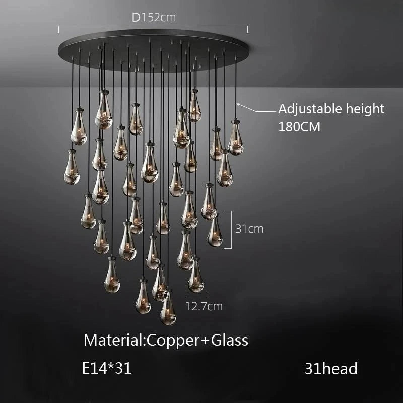 New Copper LED Pendant Light, Modern Lobby Waterdrop Glass Light, Home Decoration, Hotel Villa Glossy Staircase Ceiling Lamps