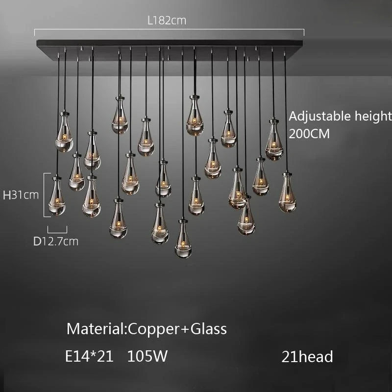 New Copper LED Pendant Light, Modern Lobby Waterdrop Glass Light, Home Decoration, Hotel Villa Glossy Staircase Ceiling Lamps