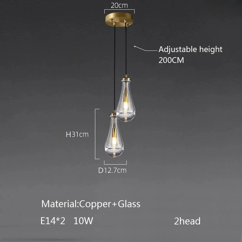 New Copper LED Pendant Light, Modern Lobby Waterdrop Glass Light, Home Decoration, Hotel Villa Glossy Staircase Ceiling Lamps