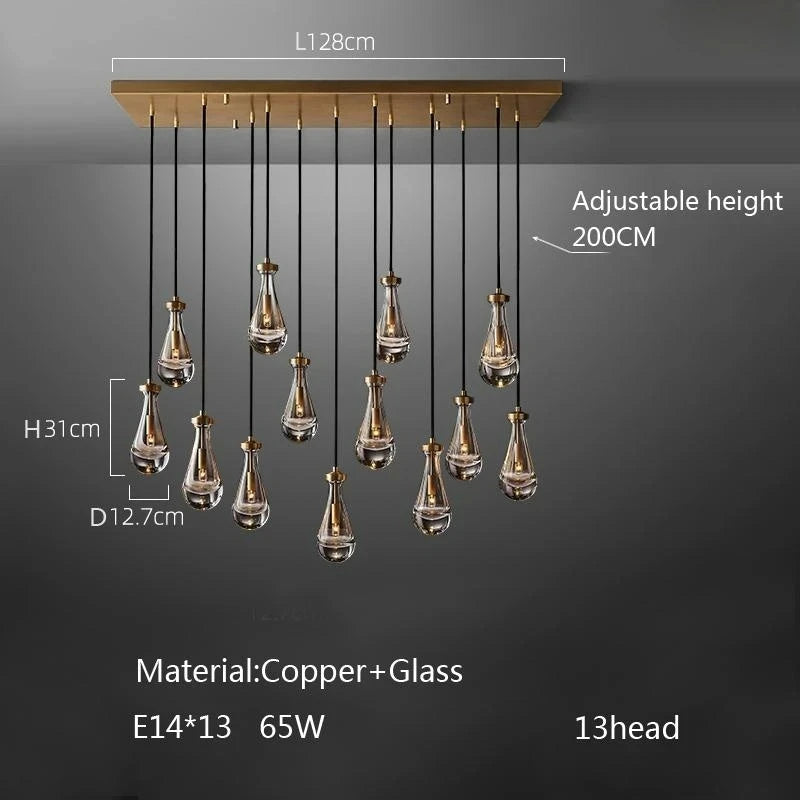 New Copper LED Pendant Light, Modern Lobby Waterdrop Glass Light, Home Decoration, Hotel Villa Glossy Staircase Ceiling Lamps