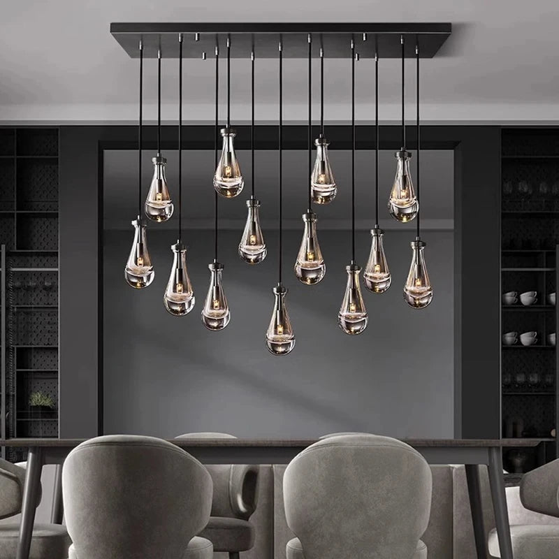 New Copper LED Pendant Light, Modern Lobby Waterdrop Glass Light, Home Decoration, Hotel Villa Glossy Staircase Ceiling Lamps