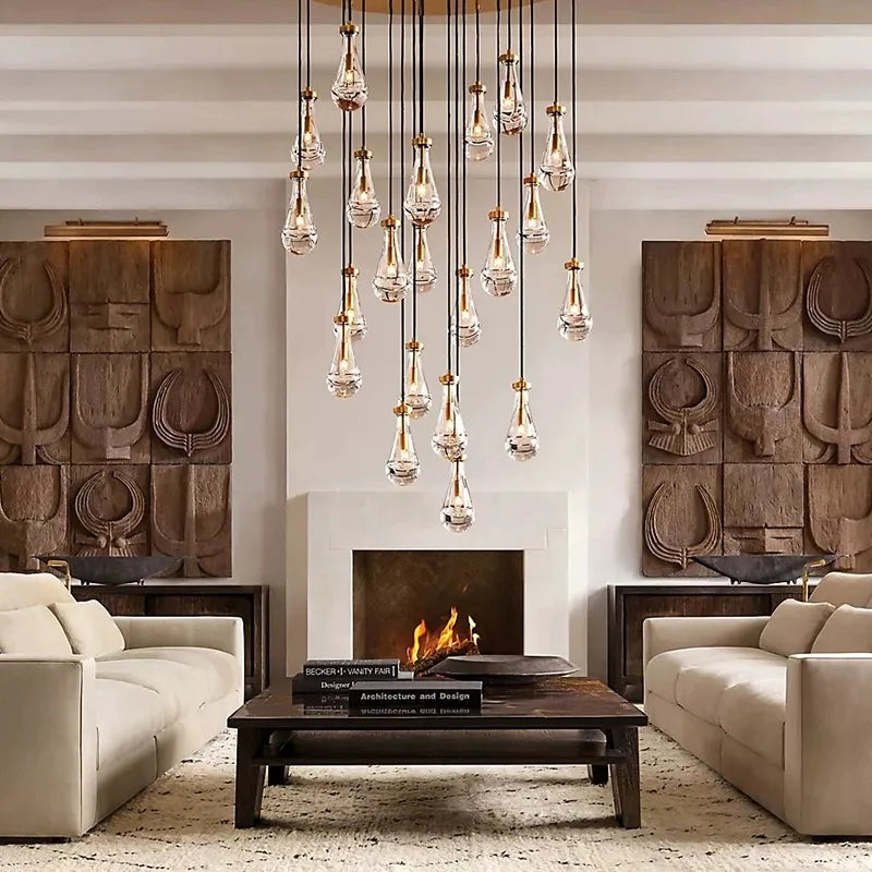 New Copper LED Pendant Light, Modern Lobby Waterdrop Glass Light, Home Decoration, Hotel Villa Glossy Staircase Ceiling Lamps