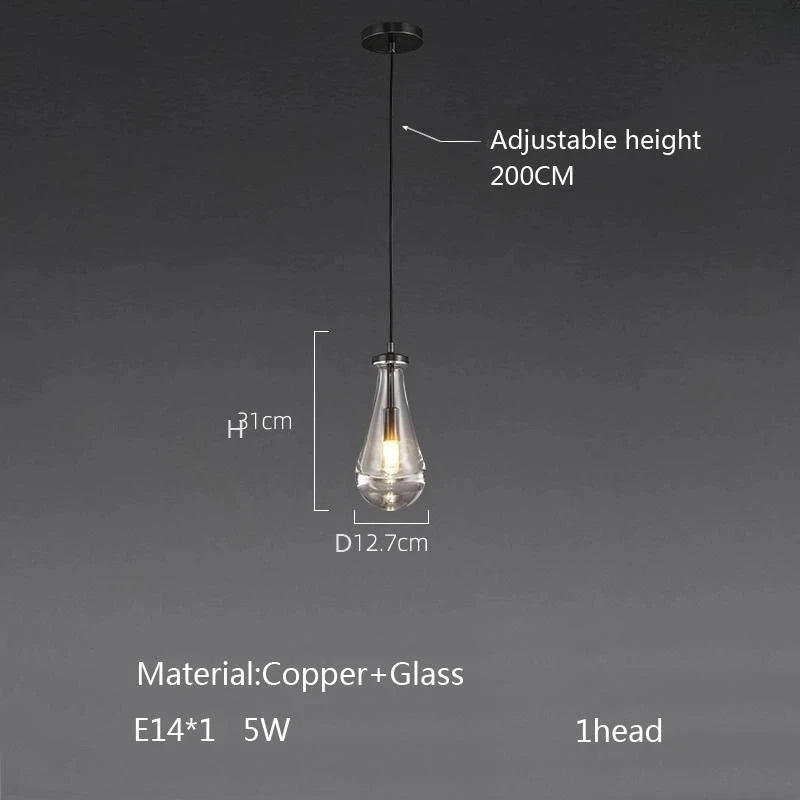New Copper LED Pendant Light, Modern Lobby Waterdrop Glass Light, Home Decoration, Hotel Villa Glossy Staircase Ceiling Lamps