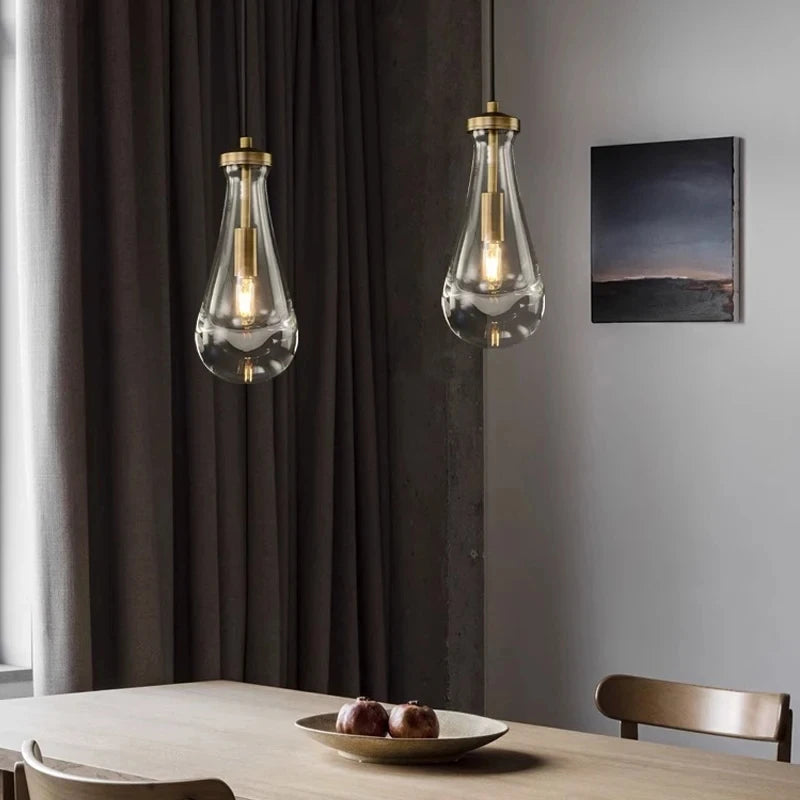 New Copper LED Pendant Light, Modern Lobby Waterdrop Glass Light, Home Decoration, Hotel Villa Glossy Staircase Ceiling Lamps