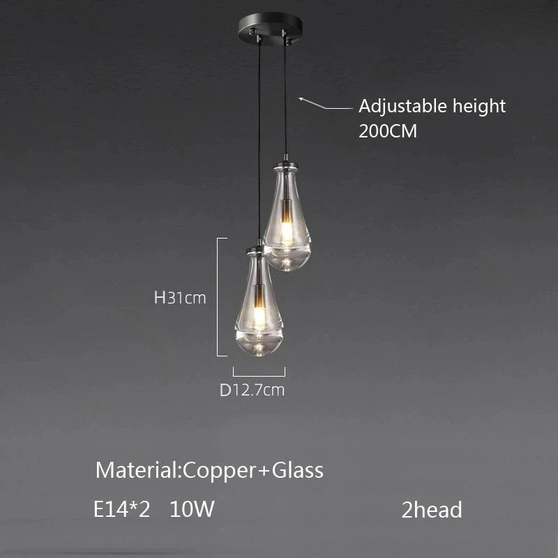 New Copper LED Pendant Light, Modern Lobby Waterdrop Glass Light, Home Decoration, Hotel Villa Glossy Staircase Ceiling Lamps