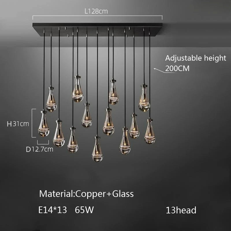New Copper LED Pendant Light, Modern Lobby Waterdrop Glass Light, Home Decoration, Hotel Villa Glossy Staircase Ceiling Lamps