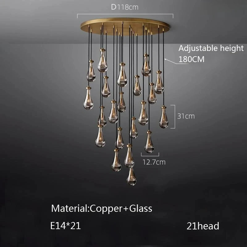 New Copper LED Pendant Light, Modern Lobby Waterdrop Glass Light, Home Decoration, Hotel Villa Glossy Staircase Ceiling Lamps