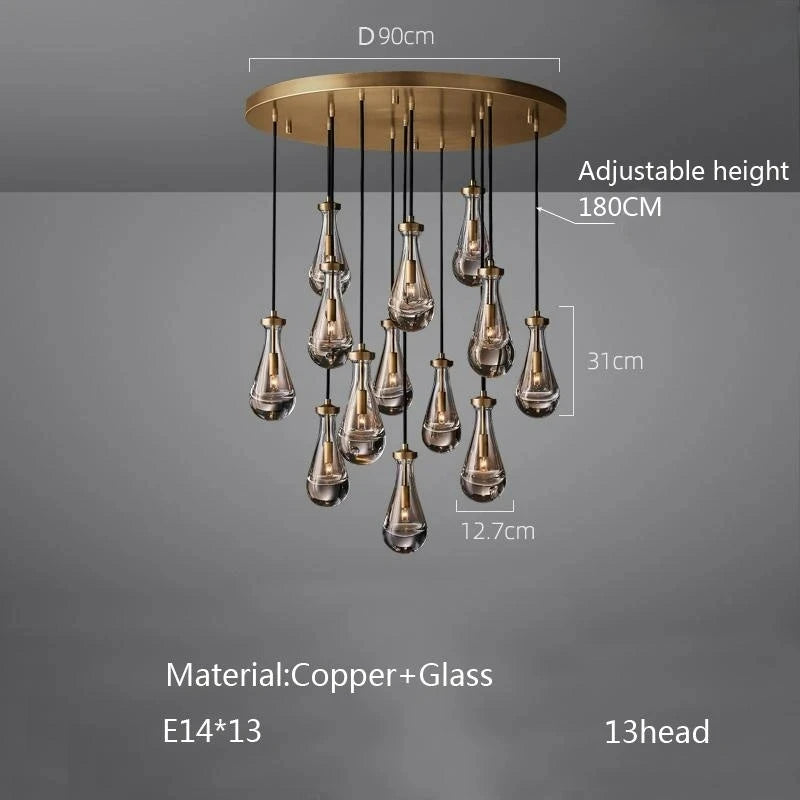 New Copper LED Pendant Light, Modern Lobby Waterdrop Glass Light, Home Decoration, Hotel Villa Glossy Staircase Ceiling Lamps