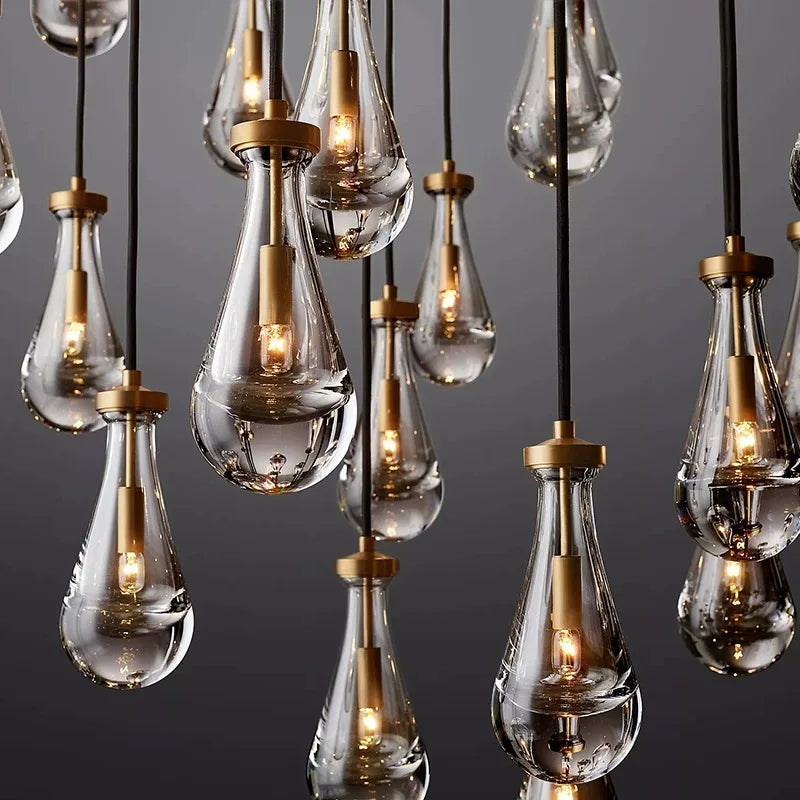 New Copper LED Pendant Light, Modern Lobby Waterdrop Glass Light, Home Decoration, Hotel Villa Glossy Staircase Ceiling Lamps