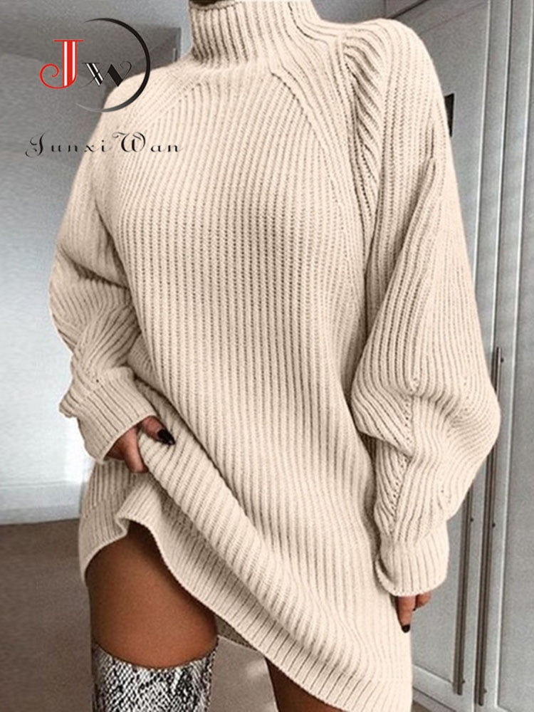Women Turtleneck Oversized
-Knitted Dress
-Solid Long
-Sleeve Casual
-Elegant