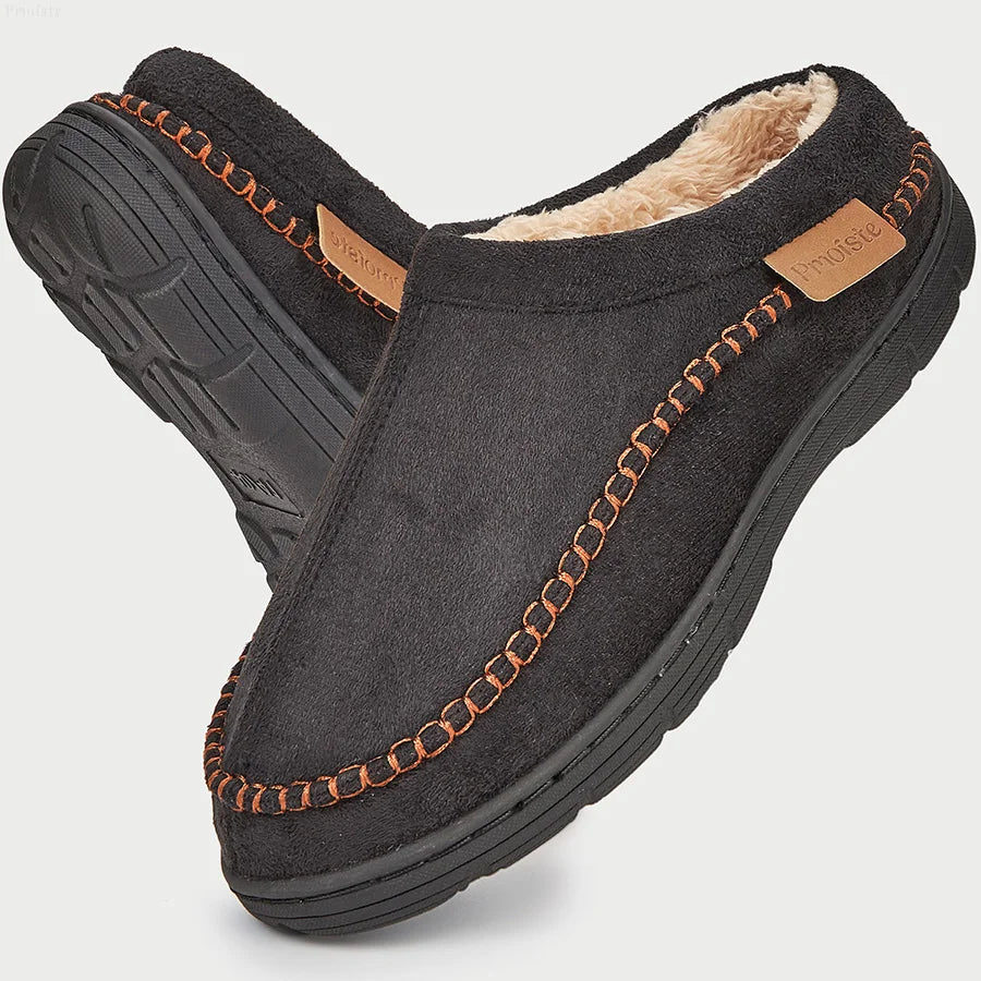 Men's Slippers Home Sewing Plush Memory Foam Warm House Shoes Male Luxury Suede Soft Non-Slip Winter Slippers For Indoor/Outdoor