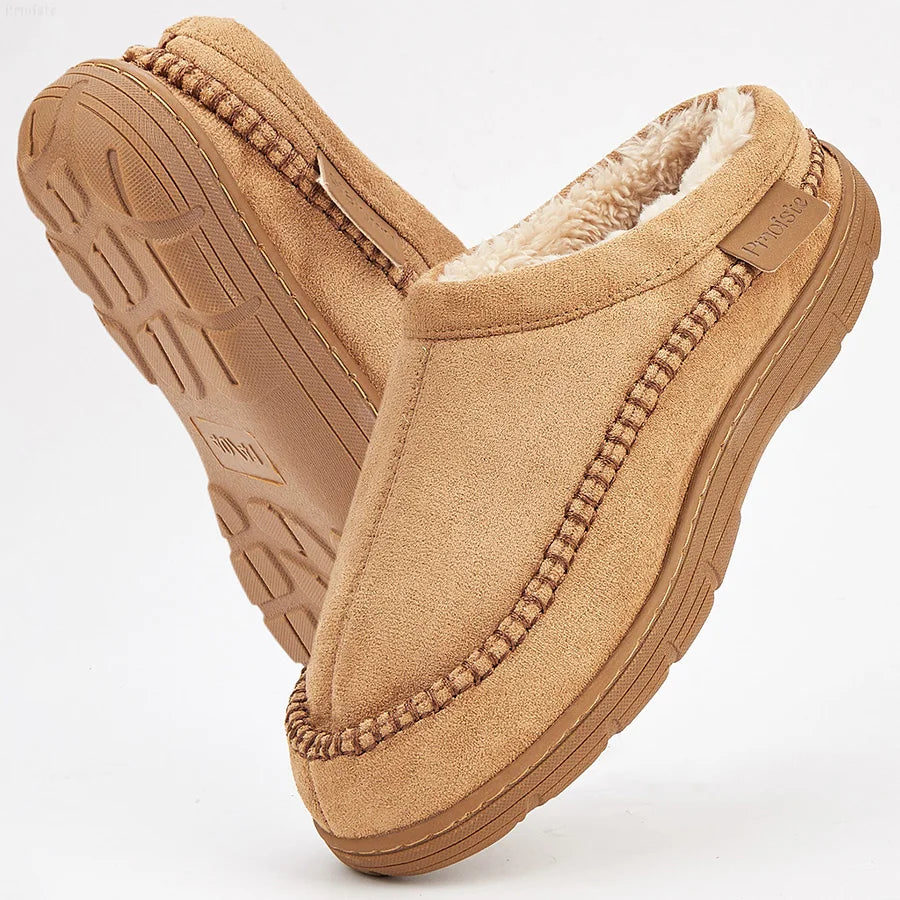 Men's Slippers Home Sewing Plush Memory Foam Warm House Shoes Male Luxury Suede Soft Non-Slip Winter Slippers For Indoor/Outdoor