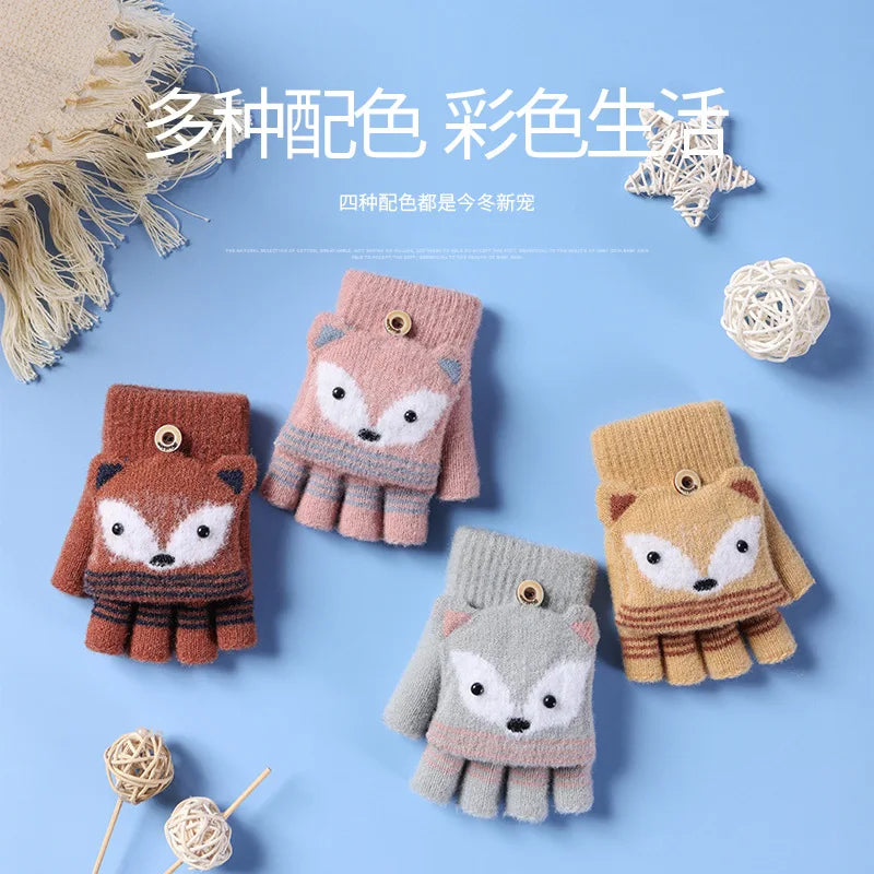 6-10 Years Old Children Winter Warm Cute Cartoon Fox Knit Mitten Boy Girl Fur Wool Knit Kid Soft Half Finger Flip Glove I89