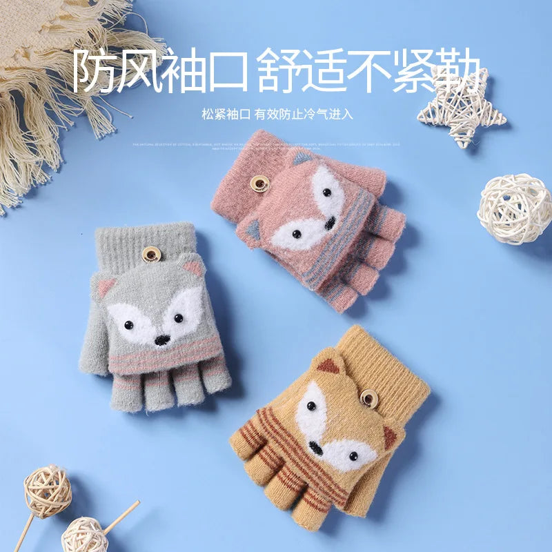 6-10 Years Old Children Winter Warm Cute Cartoon Fox Knit Mitten Boy Girl Fur Wool Knit Kid Soft Half Finger Flip Glove I89