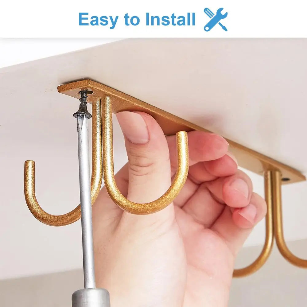 D2 Mug Rack Under Cabinet - Coffee Cup Holder 12 Mugs Hooks Under Shelf, Display Hanging Cups Drying Hook for Bar Kitchen Gold