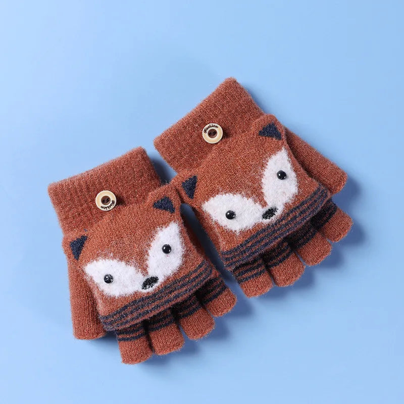 6-10 Years Old Children Winter Warm Cute Cartoon Fox Knit Mitten Boy Girl Fur Wool Knit Kid Soft Half Finger Flip Glove I89