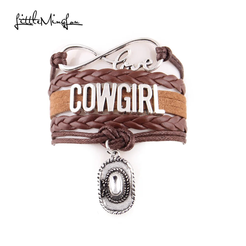 Little MingLou Infinity Love Cowgirl Bracelet Cowboy Hat Charm Leather Braid Wrap Bracelets & Bangles For Women Jewelry