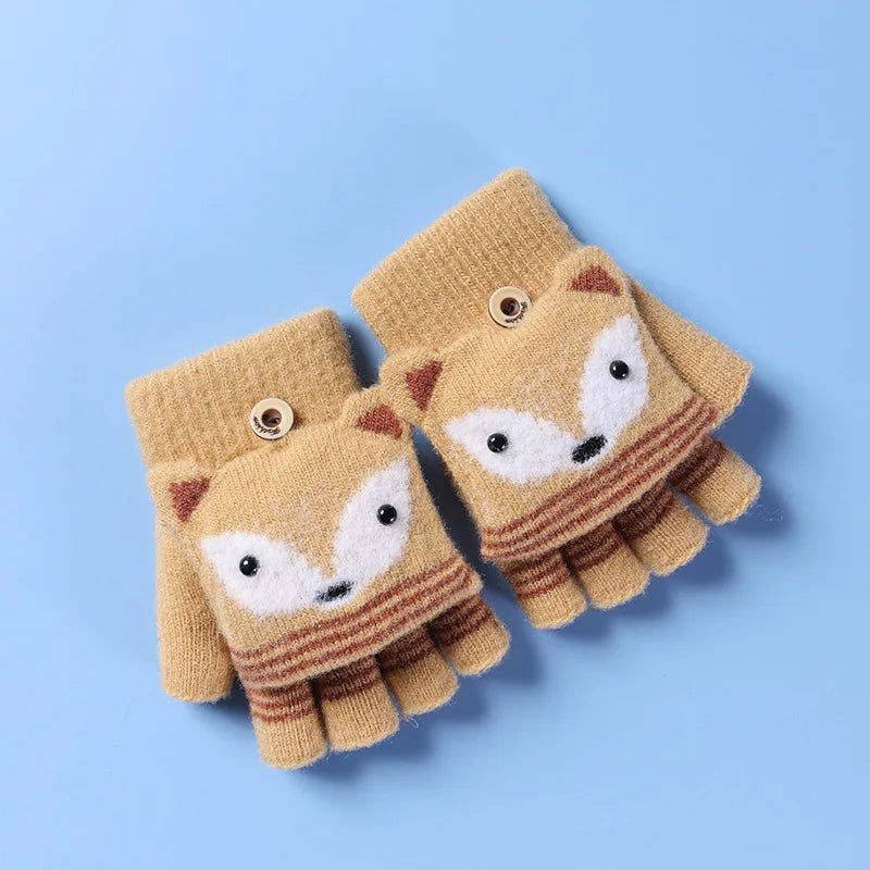 6-10 Years Old Children Winter Warm Cute Cartoon Fox Knit Mitten Boy Girl Fur Wool Knit Kid Soft Half Finger Flip Glove I89