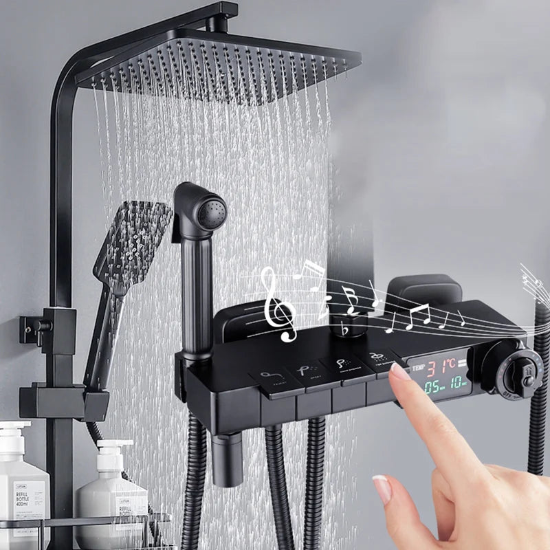 Black Gold Piano Bathroom Shower System Faucets of 12 Inch Rainfall Shower Head Luxury Hot Cold Digital Bathroom Shower Set