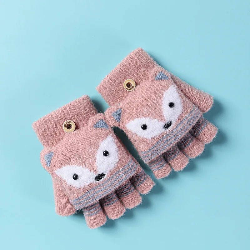 6-10 Years Old Children Winter Warm Cute Cartoon Fox Knit Mitten Boy Girl Fur Wool Knit Kid Soft Half Finger Flip Glove I89