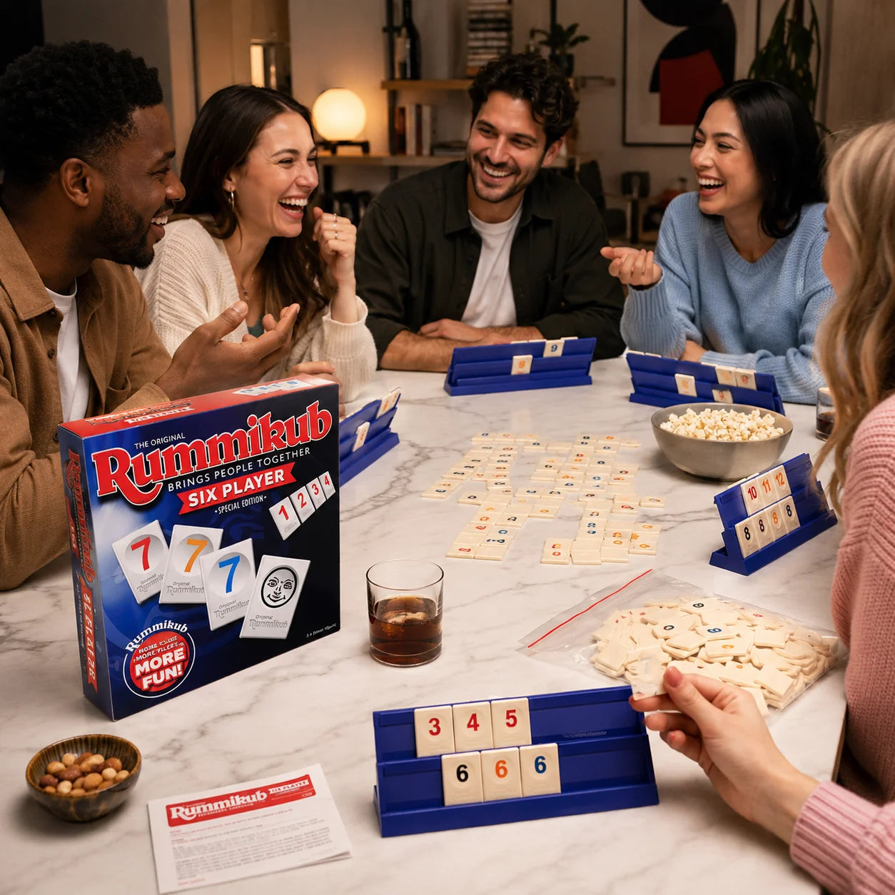 Rummikub Six Player Tile Strategy Board Game with Blue Racks Number Logic Family Party English Version