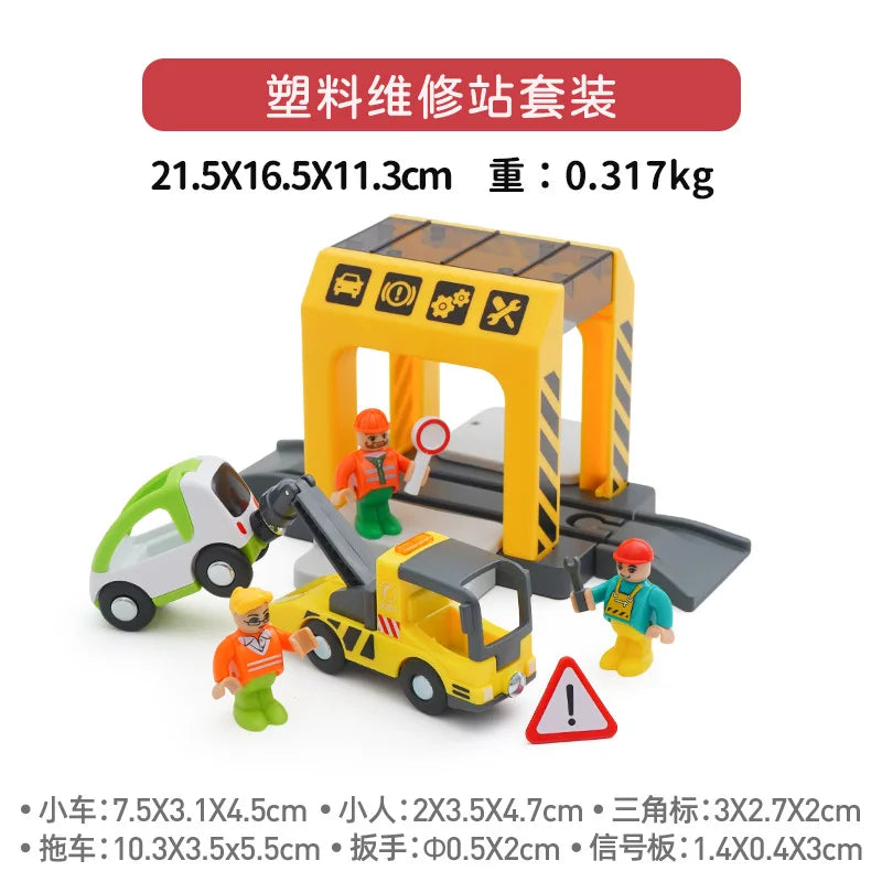 Wooden Train Tracks Railway Toys Set Parking lot apron fire station gas station rotary crane Overpass Model for Kids Toys Gifts