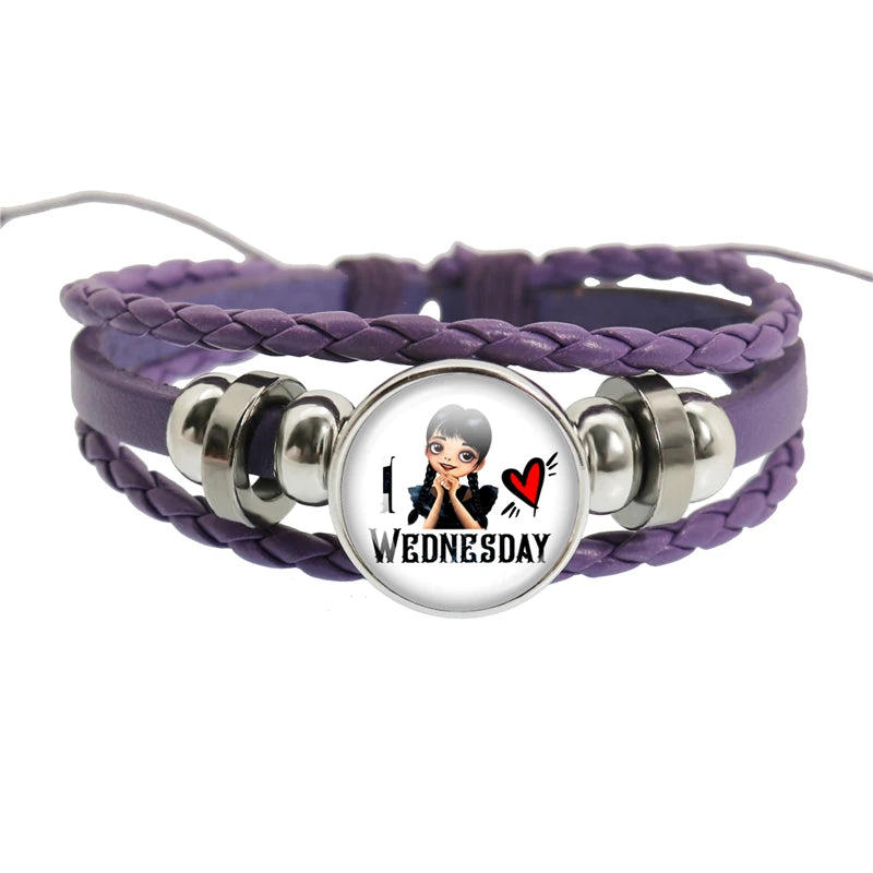 Movie Wednesday Purple Knit Snap Bracelet Glass Cabochon Diy Handmade Multi Layer Weaving Bangle Jewelry for Women Men Gift