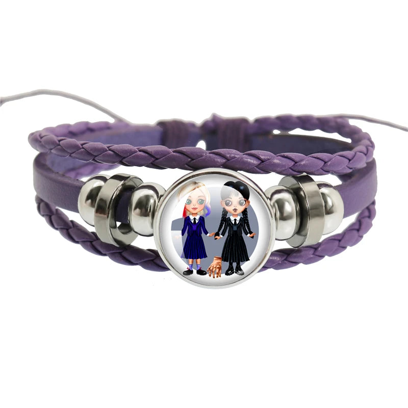 Movie Wednesday Purple Knit Snap Bracelet Glass Cabochon Diy Handmade Multi Layer Weaving Bangle Jewelry for Women Men Gift