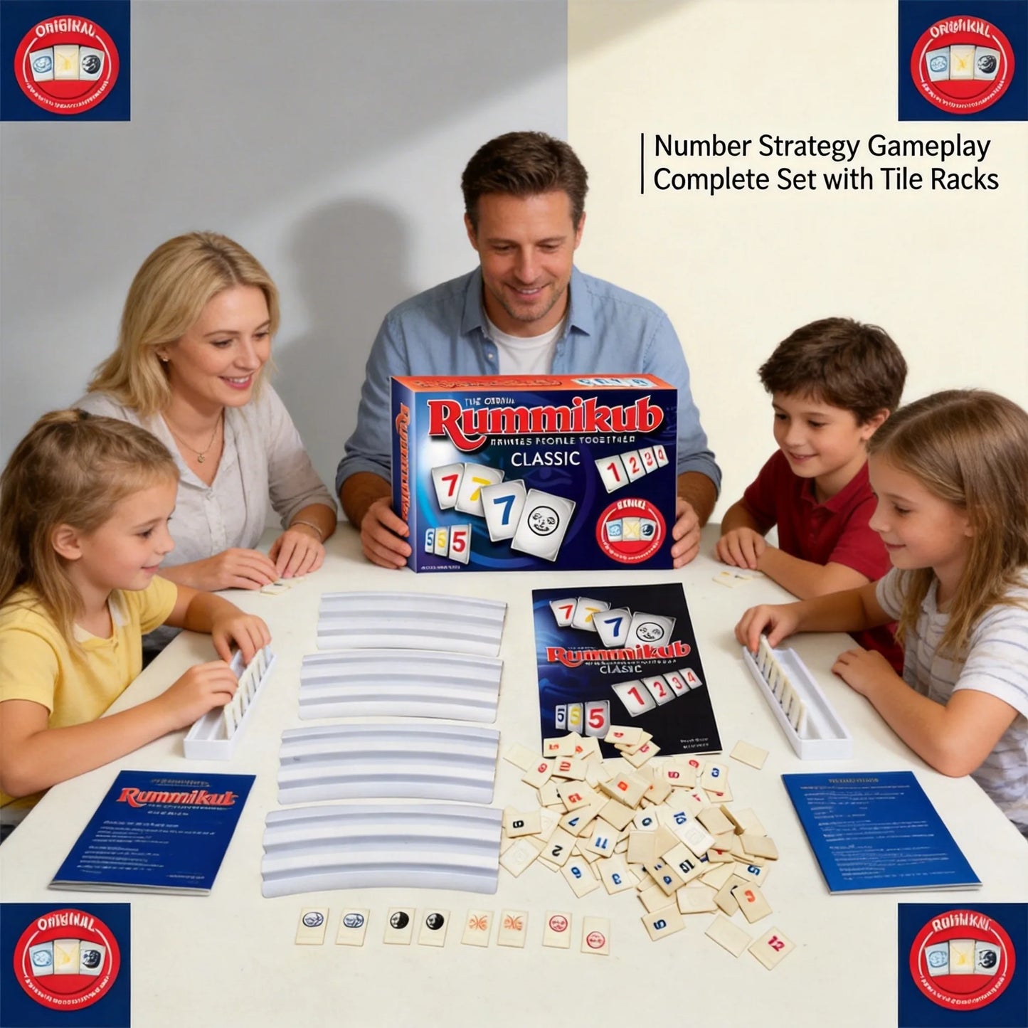 Rummikub Classic Number Strategy Game - Complete Set with 4 Tile Racks - Family Board Game for Adults & Kids
