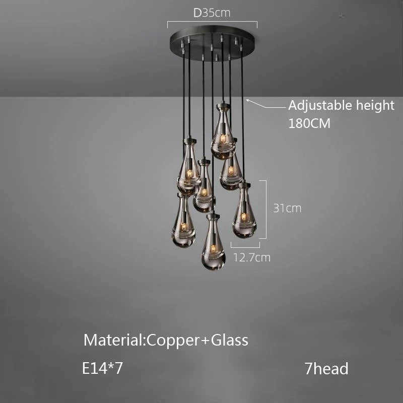 New Copper LED Pendant Light, Modern Lobby Waterdrop Glass Light, Home Decoration, Hotel Villa Glossy Staircase Ceiling  Lamps