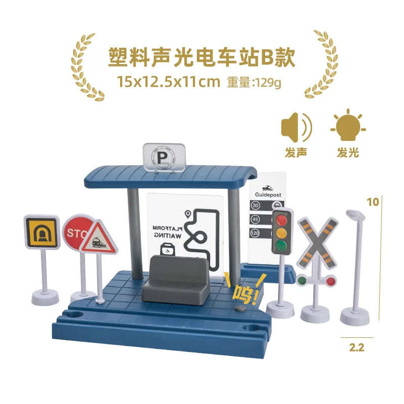 Wooden Train Tracks Railway Toys Set Parking lot apron fire station gas station rotary crane Overpass Model for Kids Toys Gifts