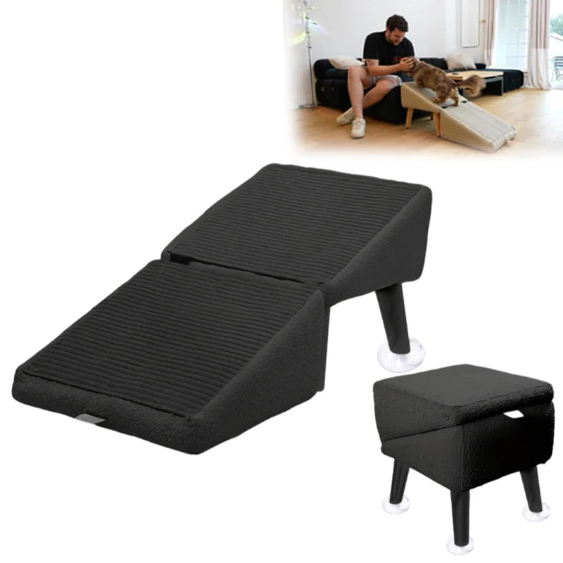 2-in-1 Convertible Wooden Home Step Stool Dog Ramp Stairs With Anti-slip Panels And Suction Cups