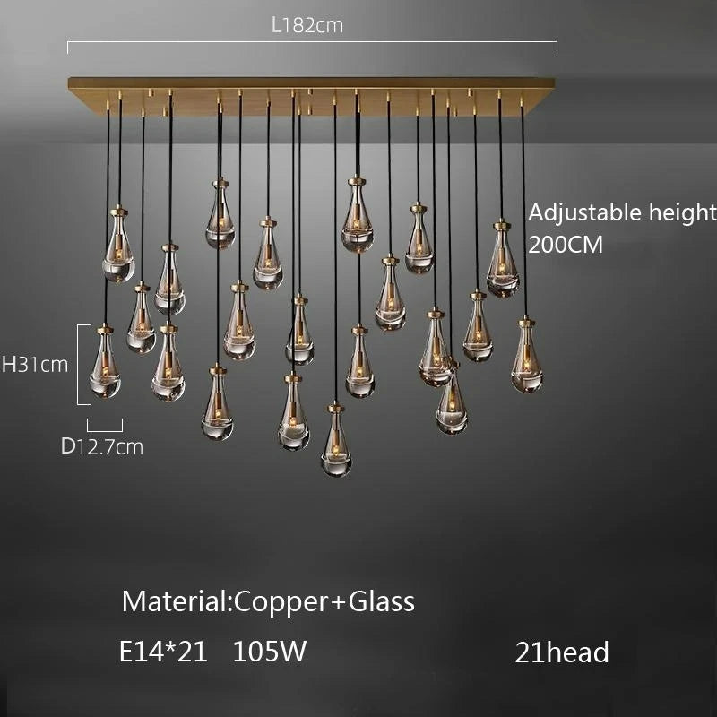 New Copper LED Pendant Light, Modern Lobby Waterdrop Glass Light, Home Decoration, Hotel Villa Glossy Staircase Ceiling  Lamps