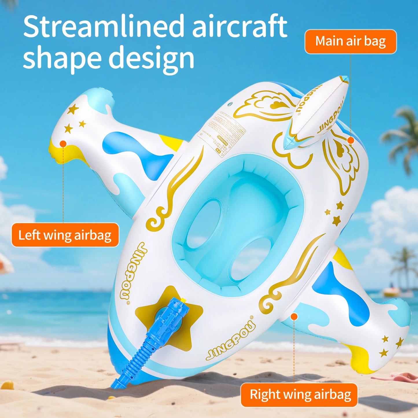 Swimbobo Blue Kids Plane Swimming Seat Float Ring Inflatable Floating For Summer Swim Boat Circle Bathing Water Gun Toy