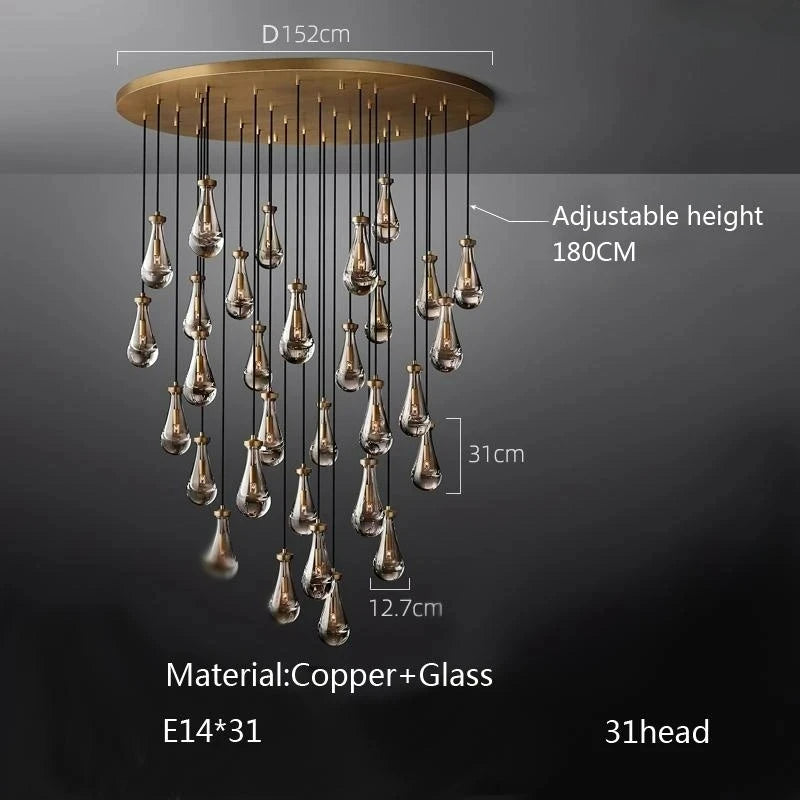 New Copper LED Pendant Light, Modern Lobby Waterdrop Glass Light, Home Decoration, Hotel Villa Glossy Staircase Ceiling  Lamps