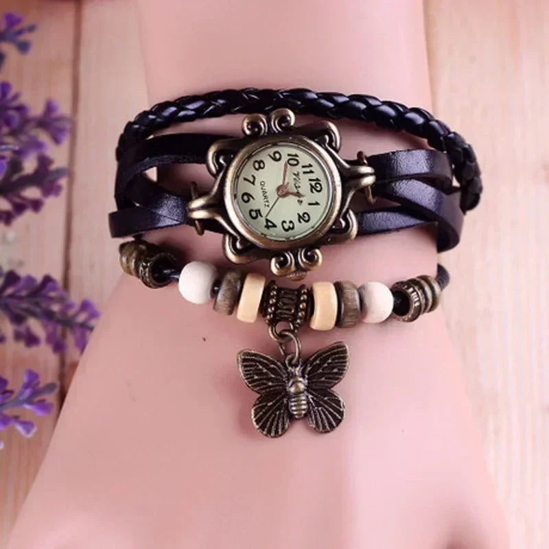 Women Fashion Leather Vintage Quartz Watch Multi Layer Handmade Bracelet Wristwatches Adjustable Length Couple Watch Accessories