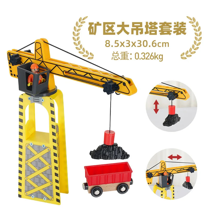 Wooden Train Tracks Railway Toys Set Parking lot apron fire station gas station rotary crane Overpass Model for Kids Toys Gifts