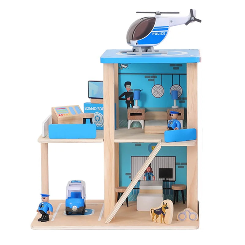 Wooden Train Tracks Railway Toys Set Parking lot apron fire station gas station rotary crane Overpass Model for Kids Toys Gifts