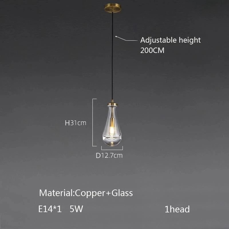 New Copper LED Pendant Light, Modern Lobby Waterdrop Glass Light, Home Decoration, Hotel Villa Glossy Staircase Ceiling  Lamps