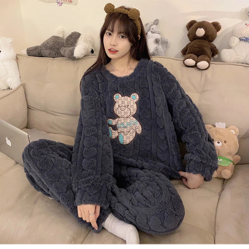 Plus Size Women's Cute Fluffy Pajama Set Soft Winter Warm Plush Long Sleeve Sleepwear Fuzzy Cozy Pjs Can Wear Outside Loungewear