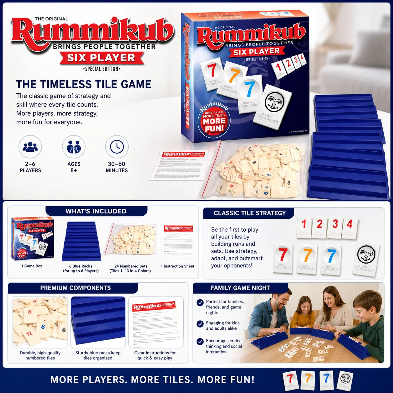Rummikub Six Player Tile Strategy Board Game with Blue Racks Number Logic Family Party English Version