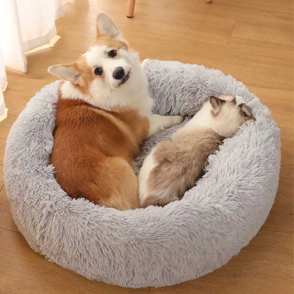 MADDEN Round Dog Bed Cat Pet Bed Super Soft Long Plush Winter Warm Puppy House Fluffy Pet Sleeping Basket Cushion Dog Supplies